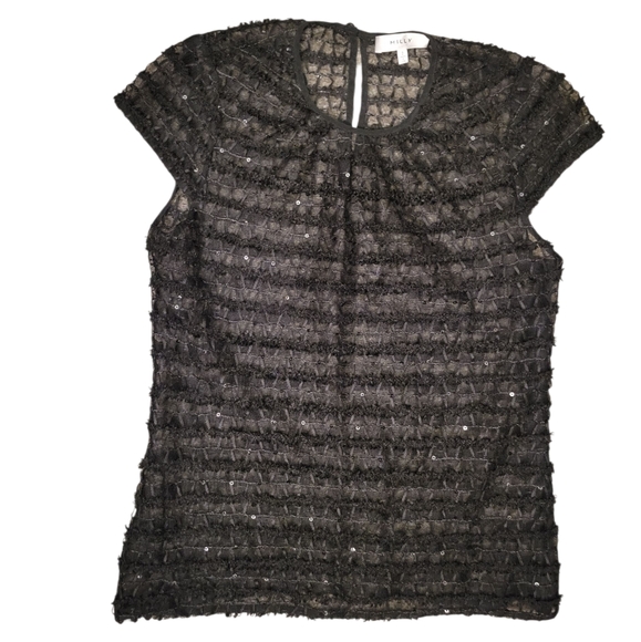 Milly Sheer Black Sequin Striped Cap Sleeve Top Evening Glam Mesh Evening 2 - Picture 2 of 7